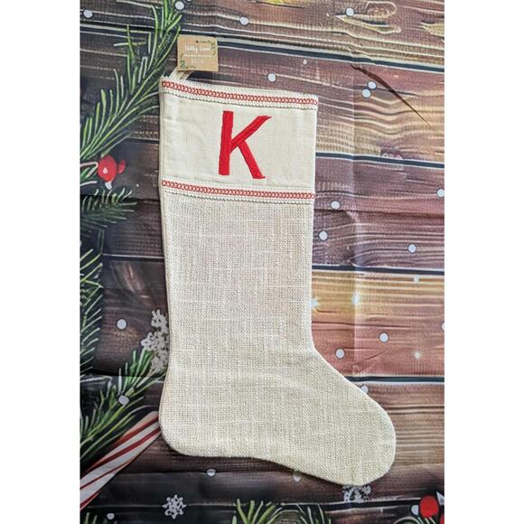 NEW Letter "K" Embroidered Beige Burlap Shimmer Christmas Stocking 20" Holiday - Picture 1 of 11